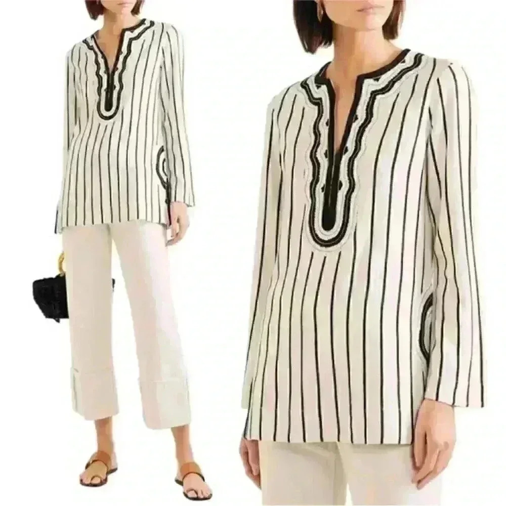 NWT Tory Burch Women's Size 10 Black Ivory Filipa Rayon Slub Stripe Tory Tunic